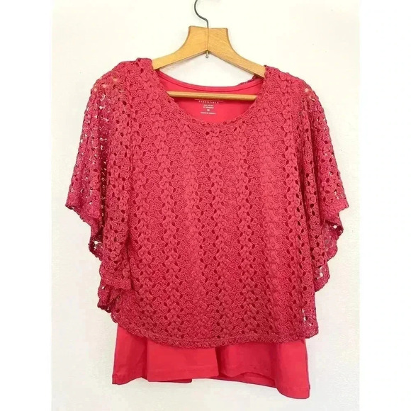 Coral Pink Crochet Top Batwing Sleeves MEDIUM Lined Peck & Peck Women's - Picture 8 of 9